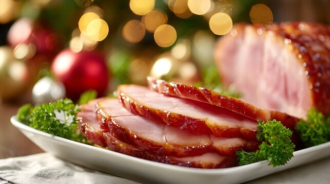 Traditional Honey Glazed Christmas Ham Slices with Festive Background