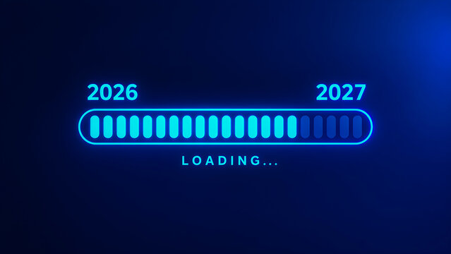 Futuristic loading bar graphic transitioning from year twenty twenty six to twenty twenty seven against dark blue digital background showing new year countdown concept