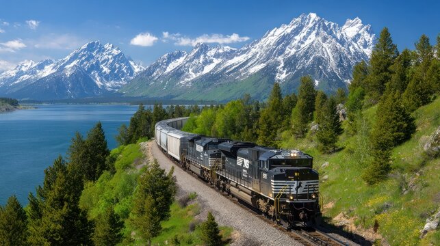Scenic train tracks winding through mountains and lakes