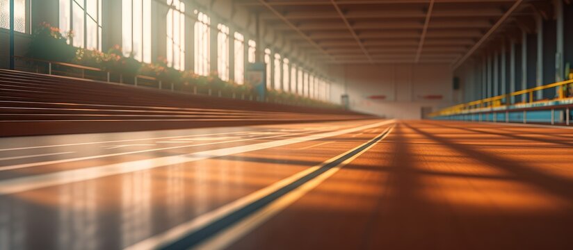 Indoor gymnasium with wooden floor and bright sunlight streaming through windows.