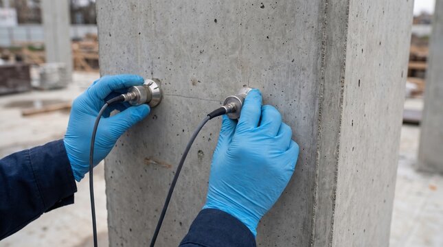Engineer using ultrasonic sensors to test structural concrete pillar