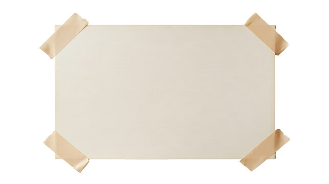 Rectangular paper sheet attached with beige adhesive tape at four corners