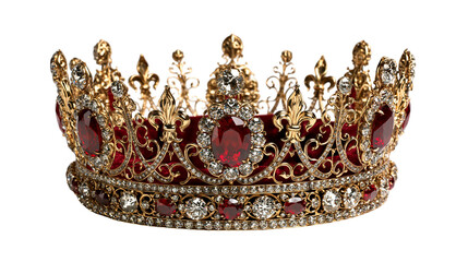 Ornate golden royal crown with large red rubies and sparkling white diamonds © Ophelia