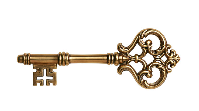 Ornate antique brass skeleton key with intricate decorative bow handle