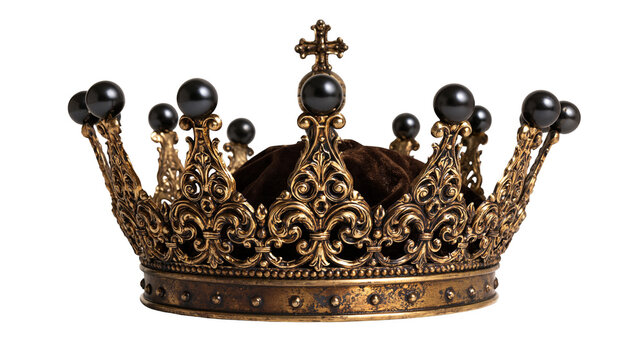 Ornate antique gold crown with black pearls and velvet lining