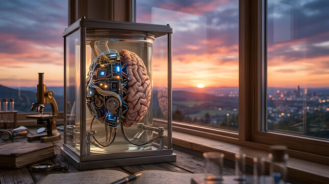 Futuristic brain inside glass case in laboratory at sunset.