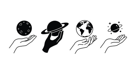 Hands holding planets and moon black vector illustration on white background © nurjahan