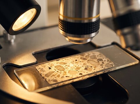 Concrete sample thin section on microscope stage for petrographic