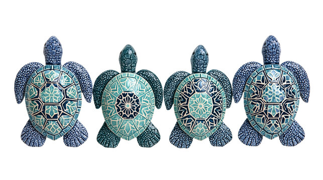 Four decorative ceramic sea turtle figurines with blue and turquoise mosaic patterns