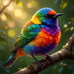 Obraz premium Vibrant colorful bird perches on tree branch in tropical jungle. Bright rainbow feathers show detailed texture in sunlight. Exotic avian wildlife rests in green forest environment. Beautiful