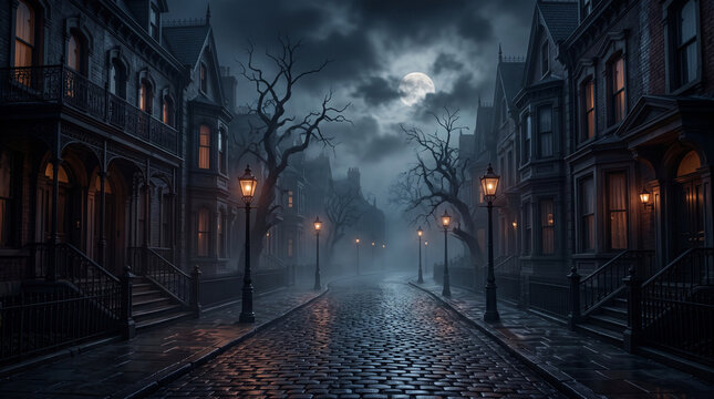Old street in the spooky night, Halloween background design