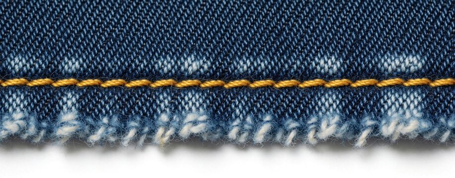 Close up of blue denim fabric with frayed edges, yellow stitching. Texture of jean material shows detail of textile weave. Rough hem edge on white background for fashion design, sewing craft,