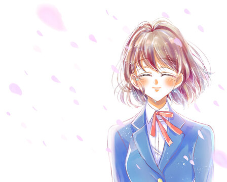 ブレザーの女子学生　笑顔　にこにこ　涙　バストアップ　桜吹雪