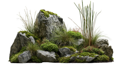 Large grey granite rocks with green moss and wild grasses in a garden landscape © Ophelia