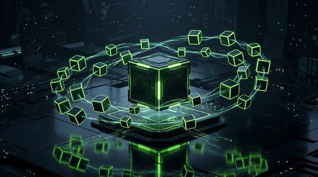 Experimental cube podium surrounded by floating geometric forms and lime neon energy trails, futuristic abstract display for technology and digital concepts