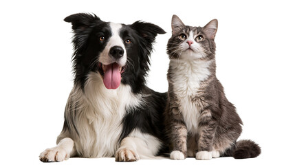 Black and white Border Collie dog sitting next to a grey tabby cat © Ophelia