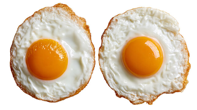 Two sunny side up fried eggs with golden runny yolks and crispy brown edges
