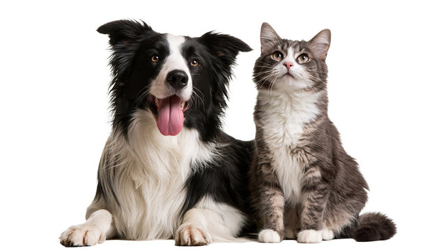 Black and white Border Collie dog sitting next to a grey tabby cat