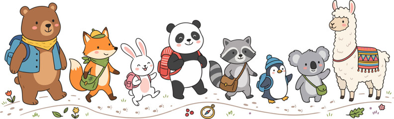 Obraz premium Cute Cartoon Animal Explorers Hiking Outdoors