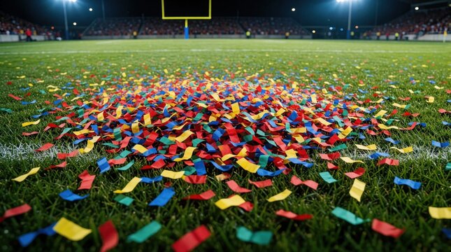 Colorful confetti covers green grass on football field. Goal post stands in background of stadium under bright lights. Festive paper scraps celebrate sports victory, championship win big game event.
