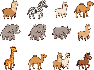 Obraz premium Cute Cartoon Safari and Desert Animal Collection
