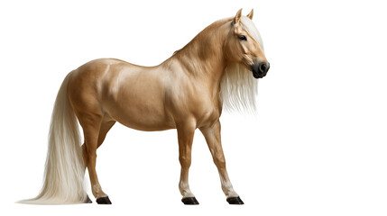 Palomino horse with long flowing white mane and tail standing in profile © Ophelia