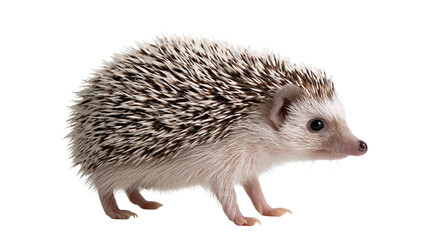 Small African pygmy hedgehog with brown and white spiky quills standing sideways © Ophelia