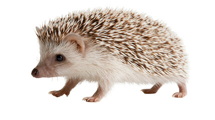 Small African pygmy hedgehog with brown and white spiky quills standing sideways © Ophelia