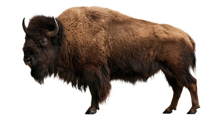 Large brown American bison standing in profile with thick shaggy fur and horns © Ophelia