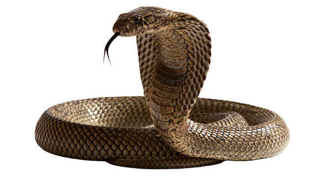 Aggressive brown cobra snake with flared hood and flickering black tongue