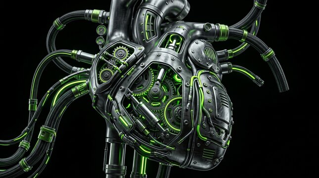 Industrial cybernetic heart featuring hydraulic pistons, rotating gears and artificial vessels with lime neon highlights, futuristic biomedical engineering concept