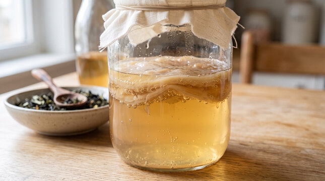 Kombucha tea brewing in glass jar with scoby fermenting on wooden table, aromatic herbal ingredients beside vessel.