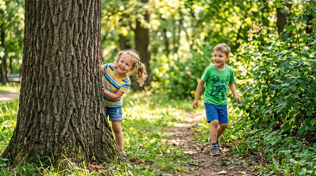 Kids playing hide and seek behind tree in sunny park with joyful expressions. Children enjoying outdoor games while laughing and exploring nature.