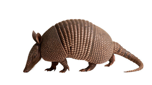 Nine-banded armadillo with brown armored shell and pointed snout