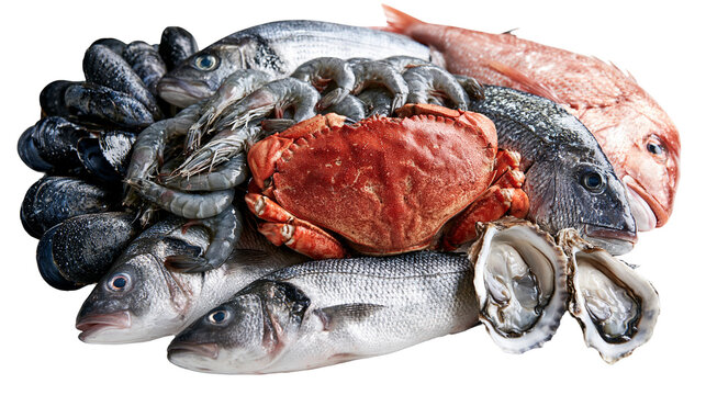 Fresh raw seafood assortment with whole fish crab shrimp, mussels and oysters