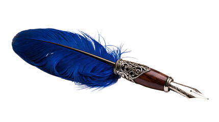 Vibrant blue quill pen with ornate silver metal filigree and dark wooden handle © Ophelia
