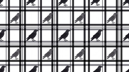 Obraz premium Spooky Halloween seamless pattern with black raven silhouettes on plaid.