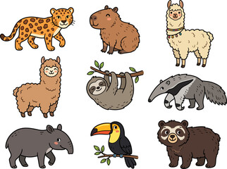 Obraz premium Cute Cartoon Tropical Wildlife Character Collection