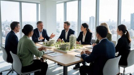 Fototapeta premium Insurance expert discusses green building coverage plans with diverse business team. Professionals analyze eco friendly construction project model in modern bright office. Group works on risk