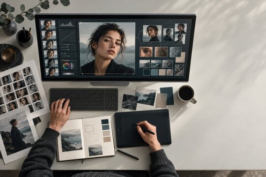 Overhead AI Portrait Retouching Workflow with Tablet and Contact Sheets