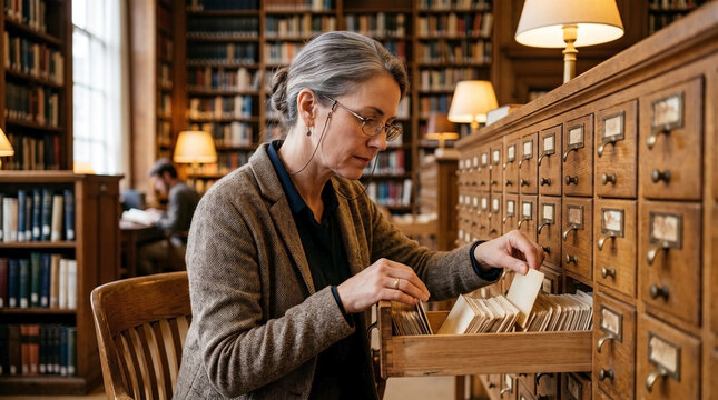 Woman conducting library research, carefully examining drawers of vintage card catalog in grand historical library setting. Focused library research in archives, surrounded by tall bookshelves.