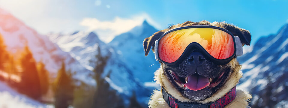 Cheerful pug wearing ski goggles against a spectacular snow-covered mountain landscape on a bright winter day &mdash; playful winter sports concept, mountain vacation and seasonal adventure