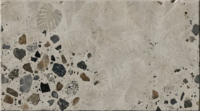 Large format ceramic slab with etched tropical leaf sketches and multi colored stone aggregate terrazzo textures design.