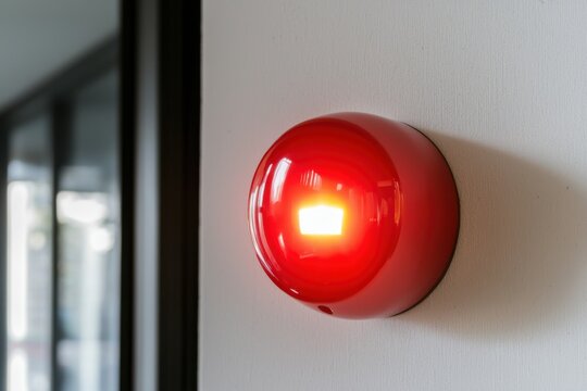 A red fire alarm siren is mounted on a white wall, glowing brightly to indicate an emergency alert.