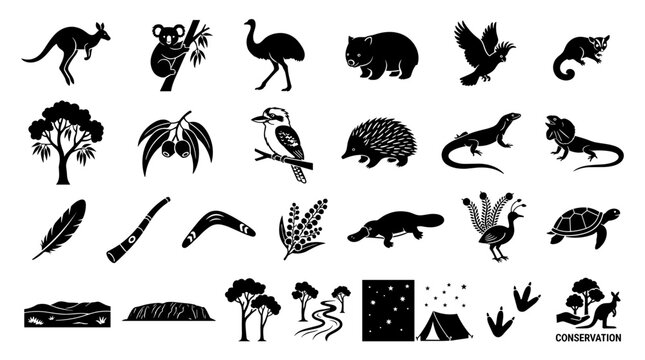 Australian wildlife silhouette icon set vector with kangaroo and koala design