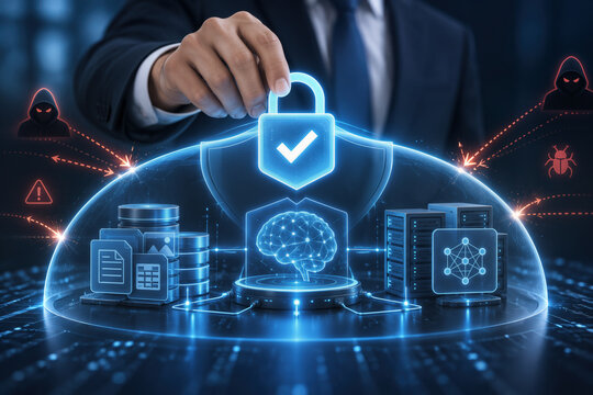 AI security platform protecting training data and inference systems with padlock checkmark businessman placing digital lock over model integrity and secure AI infrastructure for cyber threat defense