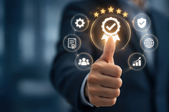 Hand shows thumbs up with quality assurance badge and five stars symbolizing top service guarantee ISO certification standards satisfaction service experience quality management