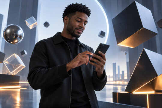 Black man engaging with smartphone in sleek digital realm surrounded by angular 3D forms emphasizing fusion of technology and creativity contemporary setting futuristic mobile interaction