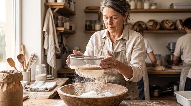 Man sifting flour in rustic kitchen with wooden bowl and baking tools. Sifting flour is essential for creating light and fluffy bread dough. Concept for baking classes and artisanal bread making.