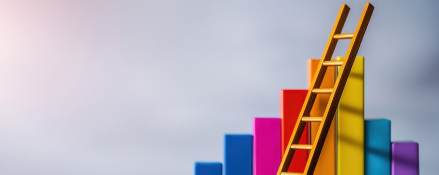A colorful bar graph with ascending bars and a wooden ladder leaning against the tallest yellow bar, symbolizing growth and progress.